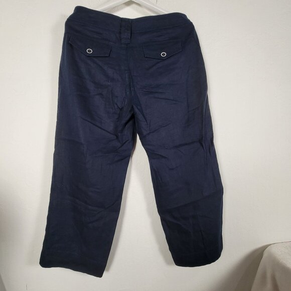 Cabi Women Navy Linen Straight Leg Cropped Pants Size 10 Nautical Button Accent - Picture 2 of 11